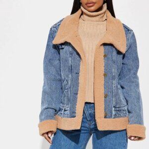 Fashion Nova Teddy Light Wash Denim Aviator Jacket in Size Small